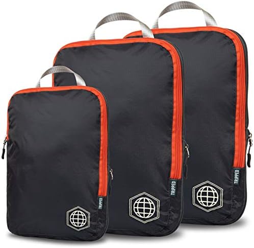 Compression Packing Cubes 3 Piece Set for Carryon Suitcases- Lightweight, Durable Clothes Organizer (Grey and Orange)