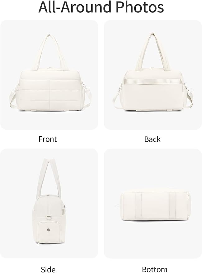 Gitus Carry On Duffle Gym Bag for Women Puffer Weekender Overnight Duffel Bag for Travel with Clear Toiletry Pouch Sport Yoga Fitness Essentials Gifts (Ivory)