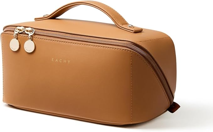 EACHY Travel Makeup Bag, Large Capacity Cosmetic Bag for Women, Waterproof PU Leather, Flat Open Portable Toiletry Bag for Skincare, Brushes & Travel Essentials