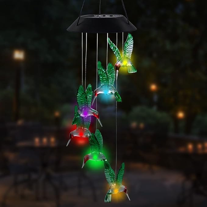 MorTime LED Solar Hummingbird Wind Chime, 25" Mobile Hanging Wind Chime for Home Garden Decoration, Automatic Light Changing Color(Hummingbird)