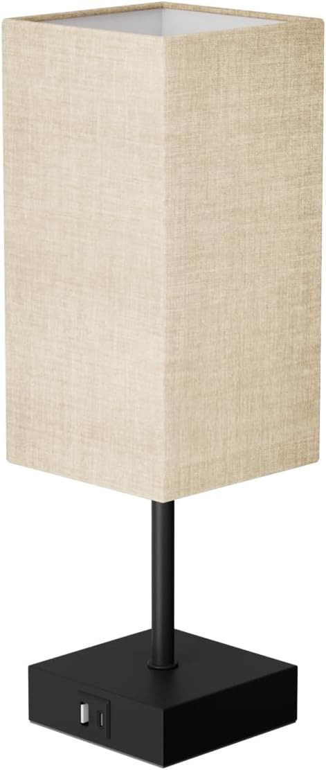 Bedside Table Lamp for Bedroom with 2 USB Ports, 14-Inch, Beige | USB A+C Ports, Touch 3-Way Dimmable LED Bulb Included Fabric Lampshade Metal Base Small Nightstand Lamp for Desk Living Room