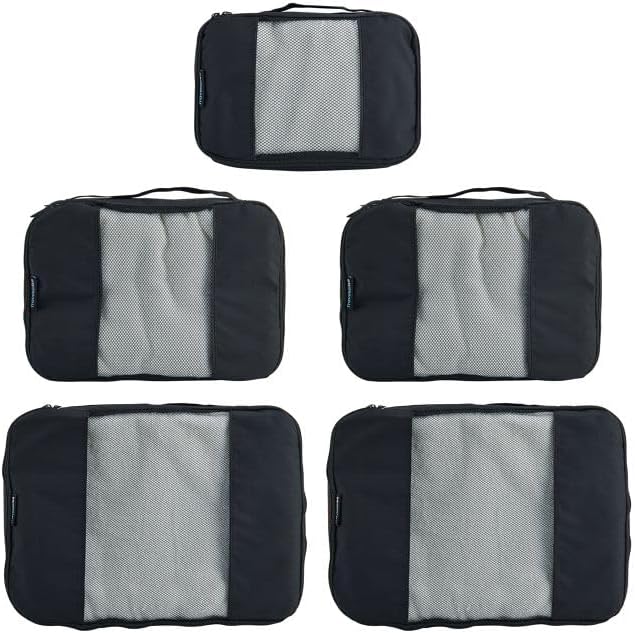 TravelWise 5 Piece Packing Cube Set, Durable Lightweight Luggage Organizer System with Small, Medium and Large Cubes for Travel, Weekender and Carry On Use, Black