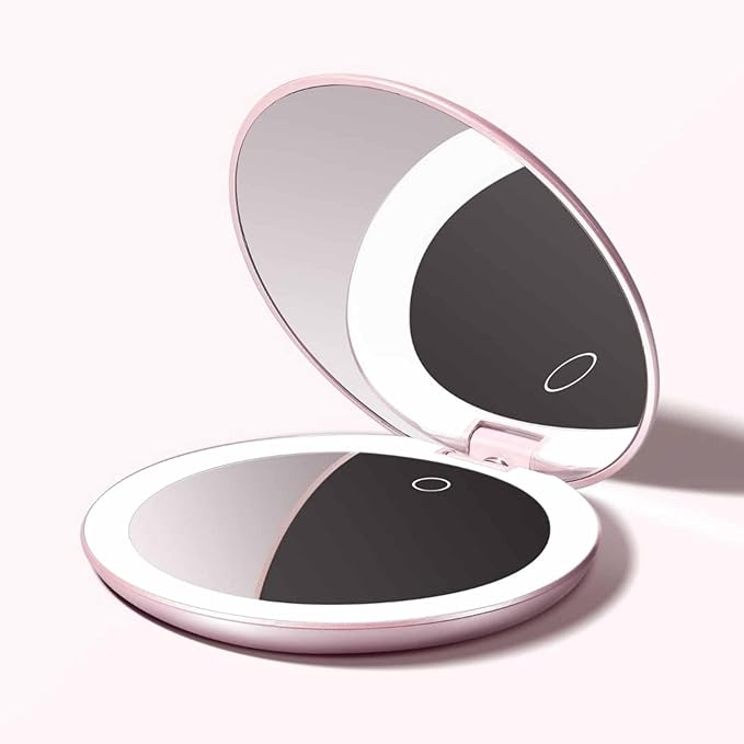 Fancii Taylor LED Lighted Travel Makeup Mirror, Rechargeable with 10x/1x Magnifying & 3 Light Settings - Compact, Portable, Large 5” Wide Hand Mirror for Handbag and Purses (Rose Gold)