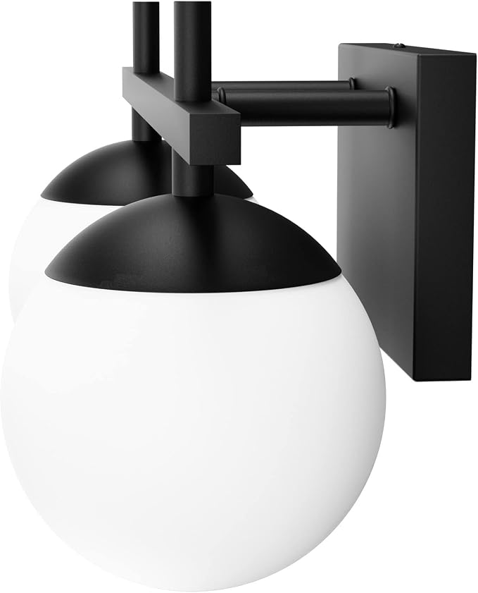 Ralbay Matte Black Bathroom Light Fitures 2-Light Mid Century Modern Bathroom Light Fixture Matte Black Milky Glass Ball Wall Light Black 2 Light