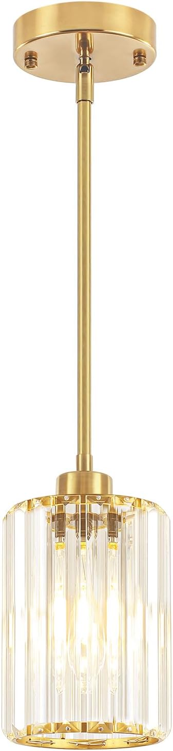 Brushed Brass Crystal Pendant Lights for Kitchen Island 1 Pack | Modern Hanging Kitchen Light Fixtures, Adjustable Pendant Lighting for Dining Room Bathroom Over Island Table Sink