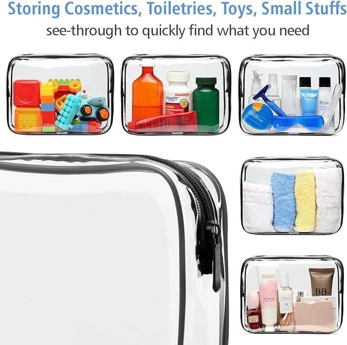 F-color 3 Pack Large Clear Makeup Bag 9.6 Inch, Water Resistant Travel Toiletry Organizer for Full Size Bottles, Cosmetic Storage for Checked Luggage, Black