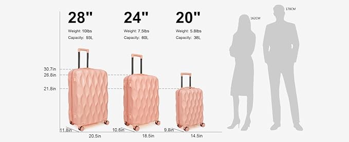 luggage sets 3 piece, 3 piece luggage sets with spinner wheels Hardside Lightweight Luggage 20in 24in 28in. (pink)