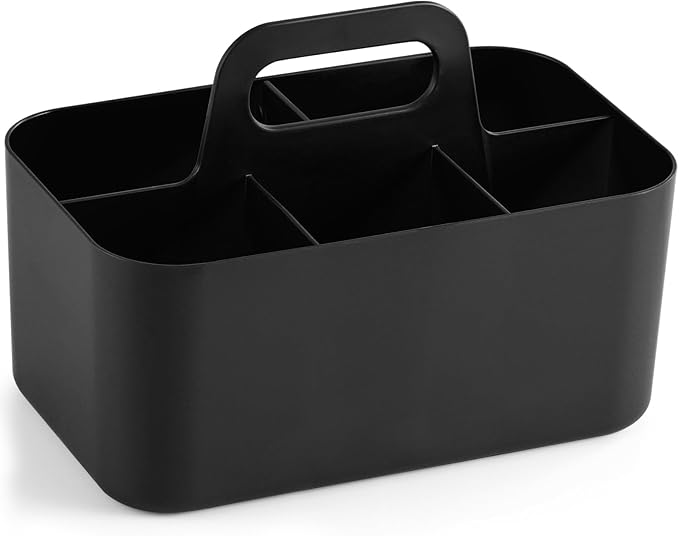 Multiuse Caddy Organizer with Handle, Portable Divided Plastic Tote Bin - Art Craft, Stationary Pen Marker Crayons, Makeup Hair Supplies Storage - Bathroom, Classroom, Dorm, Office, Desk Holder -Black