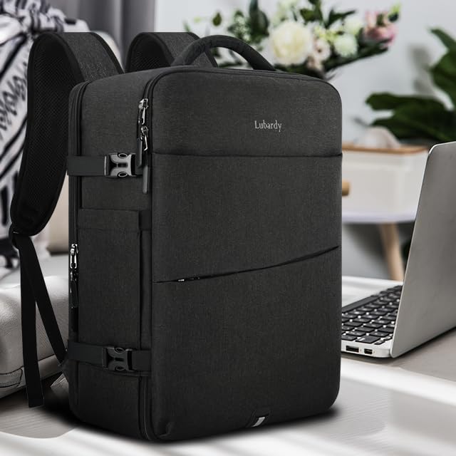Lubardy Travel Backpack for Men Women 17 Inch Flight Approved Carry on Backpack Waterproof Large 40L Luggage Daypack Business College Weekender Overnight Laptop Backpack with 3 Packing Cubes, Black