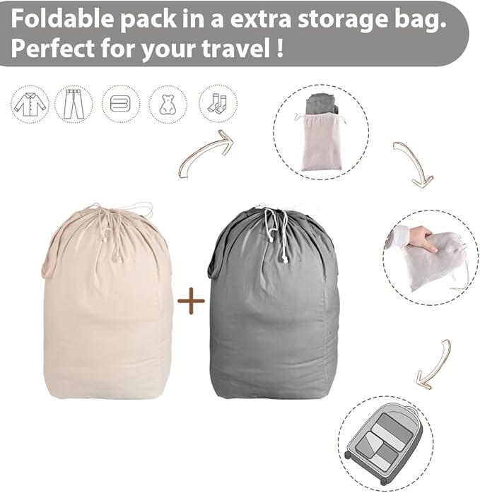 MCleanPin Washable Laundry Bags with Handles,140L Dirty Clothes Storage for College Dorm or Travel, Laundry Liner Fit Most Laundry Hamper or Basket,2 Pack (Beige & Grey)