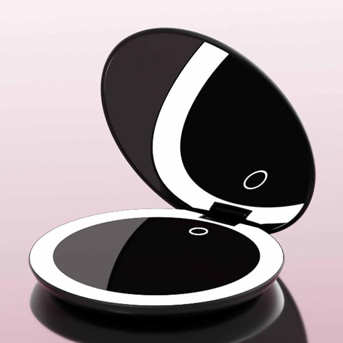 Fancii Taylor LED Lighted Travel Makeup Mirror, Rechargeable with 10x/1x Magnifying & 3 Light Settings - Compact, Portable, Large 5” Wide Hand Mirror for Handbag and Purses (Black)