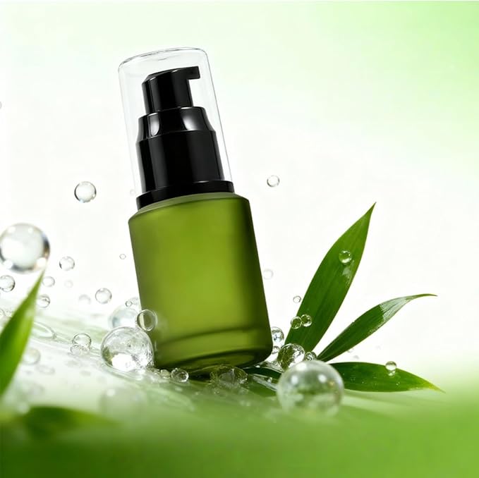 1PCS 60ML/2OZ Empty Refillable Green Frosted Glass Bottles with Pump Vial Cosmetic Dispenser Jars Storage Container Portable Travel Bottle Sample Trial Packing