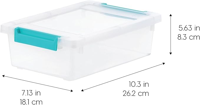 IRIS USA 2 Qt. Craft Storage Bins with Lids, 6-Pack, |Made in USA|, Clip Box, Small Plastic Sensory Bin Tote Organizer Containers for Art Supplies, Paper, & Office, Stackable - Clear/Seafoam Blue