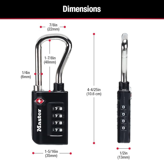 Master Lock Padlock, Set Your Own Combination TSA Accepted Luggage Lock, 1-5/16 in. Wide, Black, 4 pk, 4696EC4