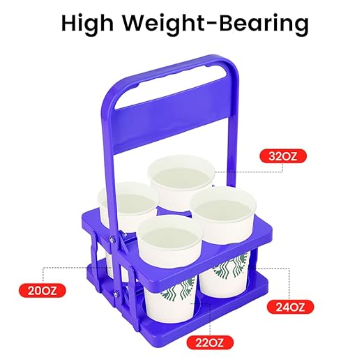 Bodaon 4 Cup Drink Carrier with Handle, Plastic Cup Carriers for Drinks, Drink Holder for Car, Take Out Delivery Drivers Accessories, Portable Foldable Reusable Mobile, Use for Food Delivery Bag