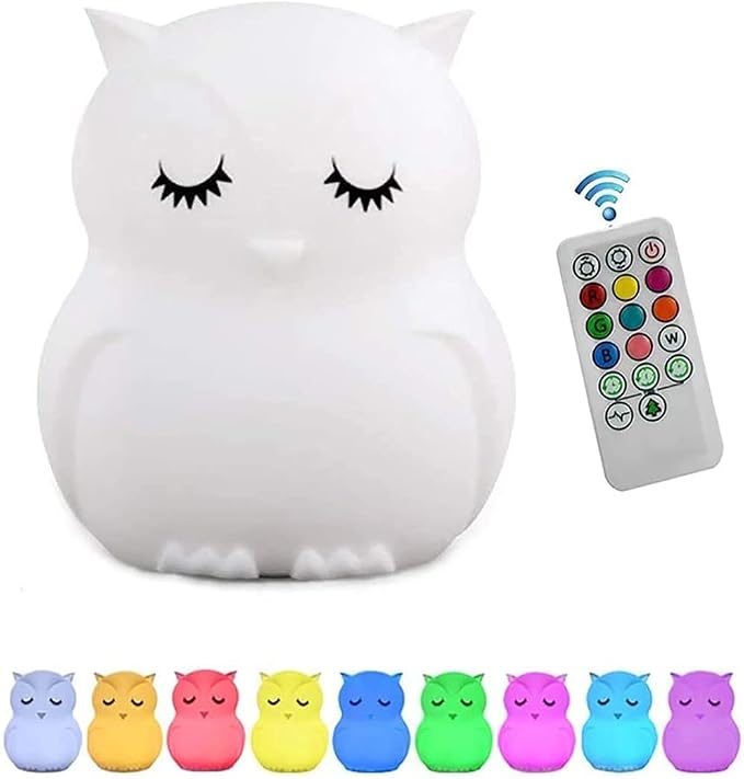 Animal-Shaped Big Night Light for Children/Adults, Rechargeable LED Soft Silicone (BPA Free) Bedside Lamp, Adjustable Brightness and 9 Colors by Touch Control & Remote Control (Big Owl)