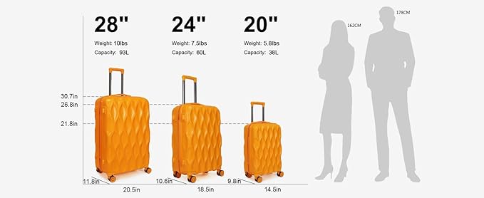 luggage sets 3 piece, 3 piece luggage sets with spinner wheels Hardside Lightweight Luggage 20in 24in 28in. (orange)