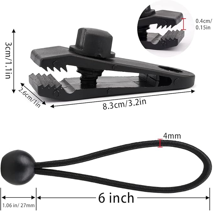 AOPRIE 10 Sets of Bungee Balls and Tarp Clips Black 6 Inches Ball Bungee Cord Heavy Duty Lock Grip Clamps Shark Fasteners Holder for Camping Tents Cargo Pool Awning Car Cover Holding Wire Hoses