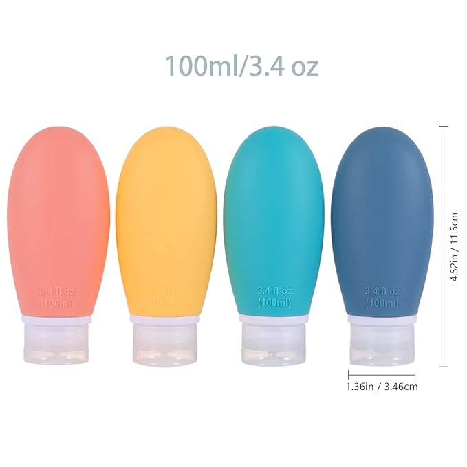 Silicone Travel Bottles, 4 Pack 3.4oz Leak Proof Liquid Squeezable Refillable Portable Accessories/Cosmetic Containers, BPA Free, Travel Size for Toiletries Shampoo Conditioner Lotion