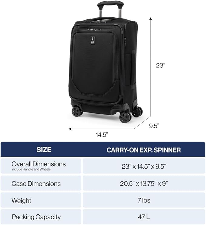 Travelpro Crew Classic Lightweight Softside Expandable Carry on Luggage, 8 Wheel Spinner Suitcase, Men and Women, Carry On 21-Inch, Black
