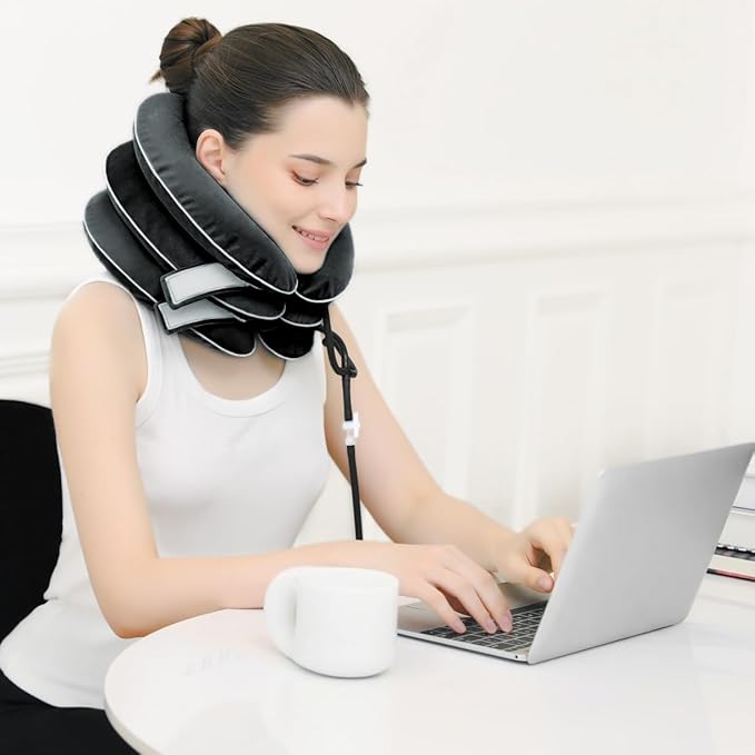 Cervical Neck Traction Device for Neck Pain Relief - Inflatable Neck Stretcher Collar for Decompression - Best Home Use Neck Brace Pump (Black Plush)