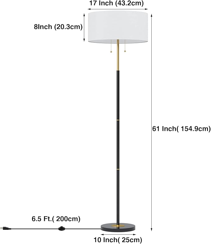 2-Light 3 Color Temperature Mid Century Floor Lamp for Living Room | 61" Black&Gold Tall Standing Lamp for Bedroom and Office with White Fabric Lampshade, 3000K/4500K/6500K 9W Bulb Included