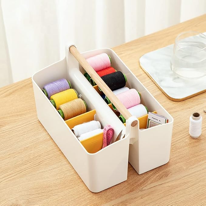 Vidifor Large Portable Caddy Tote with Handle, Plastic Craft Storage Organizer Basket with Adjustable Divided for Art Supplies, Sewing, Colored Pencils, Makeup-Yellow