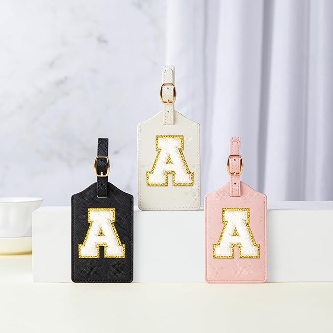 Initial Luggage Tag, PU Leather Luggage Tag, Embroidered Luggage Tag, Letter Luggage Tag, Monogrammed Luggage Tag, Luggage Tag for Baggage Bag Suitcase (A, Black Leather+White Letter)