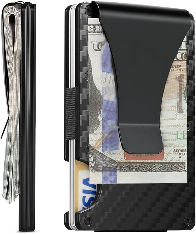 Carbon Fiber Minimalist Wallet for Men Credit Card Holder Money Clip & Cash Strap Slim RFID Mens Wallets(Matt Carbon Fiber)