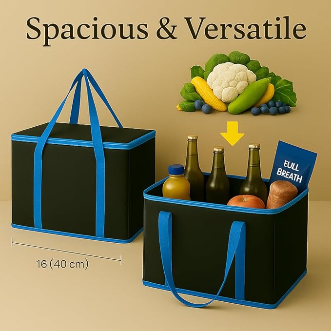 musbus XL-Large Insulated Grocery Shopping Bags, Black, Reusable Bag,Thermal Zipper,Collapsible,Tote,Cooler,BLACK BLUE