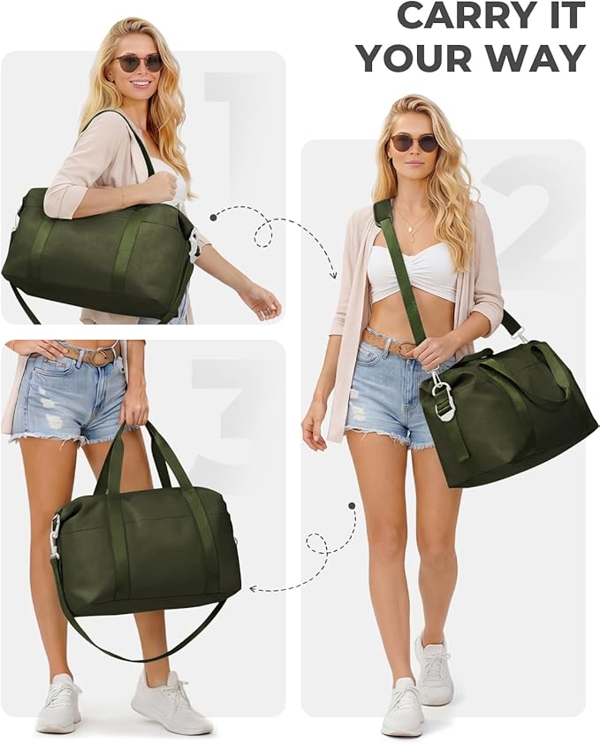 Percover Weekender Travel Duffel Bag for Women, Lightweight Soft-Structure 33L Carry-On, Water-Resistant Nylon with Shoulder Strap & Trolley Sleeve, Personal Item Friendly, Olive Green