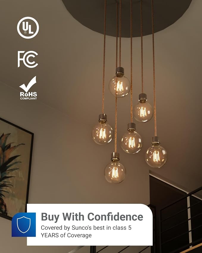 Sunco 10 Pack G25 LED Light Bulb, Globe, E26, 5W=60W, 2700K Soft White | 500LM, CRI80, Dimmable, Edison Vintage Filament, Medium Base, Lamp, Pendant, Chandelier, Indoor/Outdoor Lighting, Wet Rated