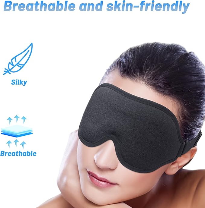 Sleep Eye Mask for Men Women, Sleeping Mask for Side Sleeper, Travel Blackout Night Blindfold Eye Shade Cover with Adjustable Strap (Black-3D)