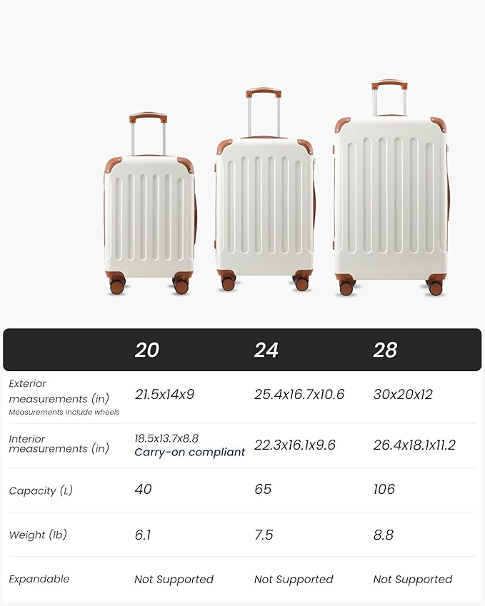 28 Inch Luggage with Spinner Wheels, Hardside Suitcase with Wheels, TSA Approved, White Brown