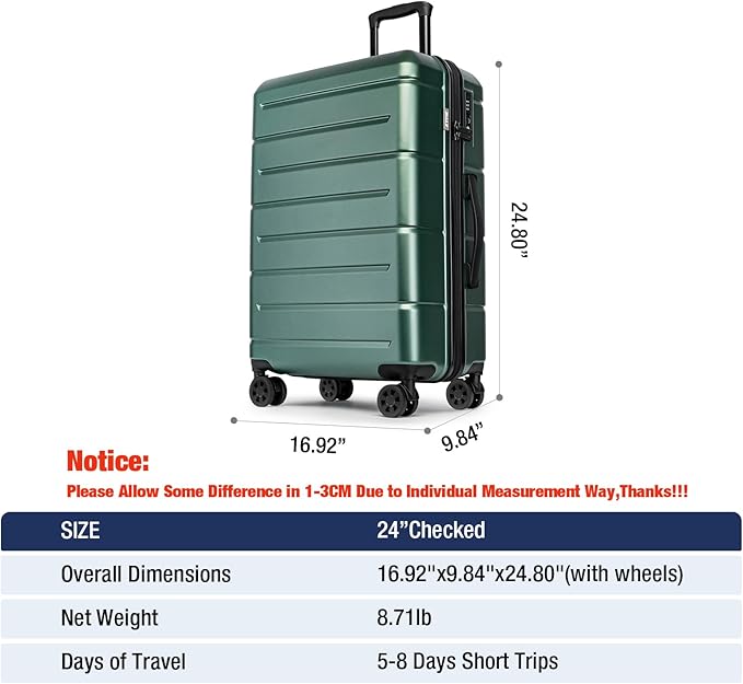 KYME 24 Inch Luggage TSA Approved Hardshell Suitcases with Spinner Wheels Durable PC+ABS Medium Checked Travel Luggage for Women Men Green