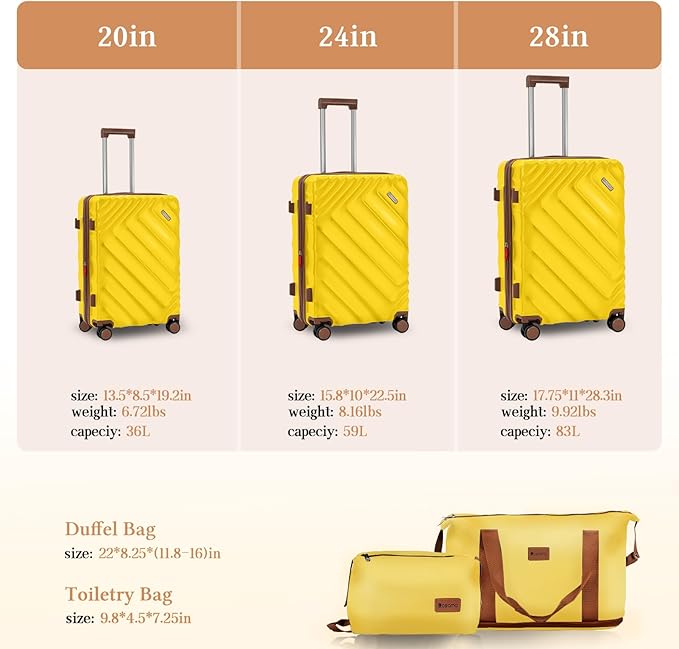 5 piece Luggage Set Expandable Suitcase 22x14x9 Airline Approved Carry on, ABS Hard Case Suitcases with Spinner Wheels, TSA Lock (Yellow)