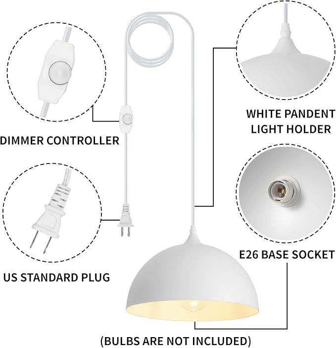 White Plug in Pendant Light,2 Pack 11.8inch Hanging Lights with Plug in Cord 14.7 ft, Hanging Pendant Light,Hanging Lamp Plug in for Bedroom Living Room Kitchen Island