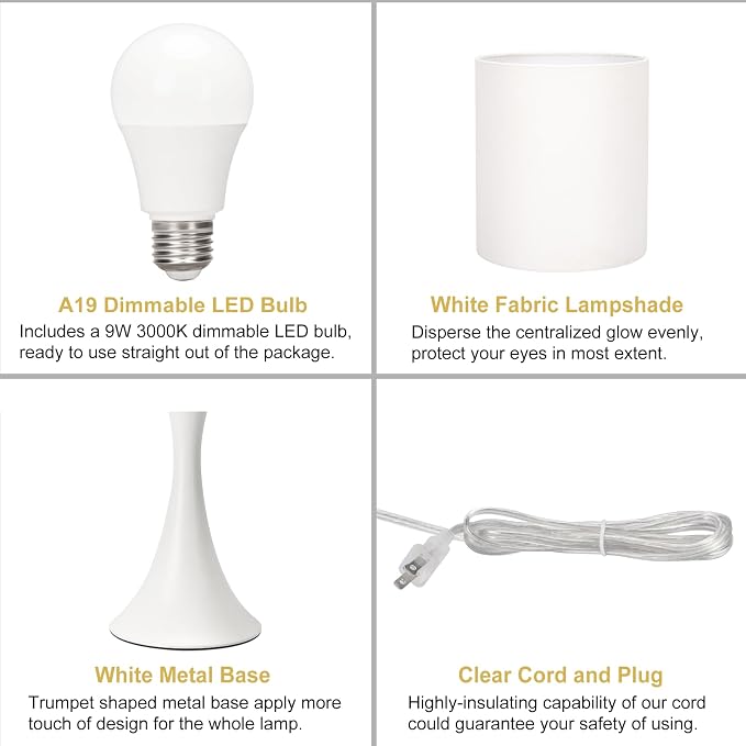 Modern Table Lamps, 3 Way Touch Control Table Lamp, Dimmable Desk Lamp, White Nightstand Lamp with Fabric Shade, Small Bedside Lamp for Living Room, Dorm,Home Office, LED Bulb Included