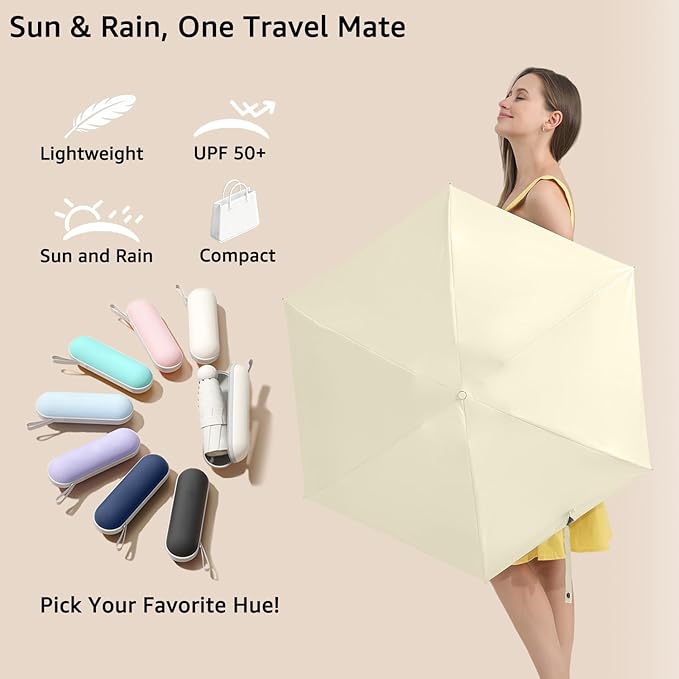 BAODINI Travel Essentials Mini Umbrella for Purse With Case Small Compact UV Sun Protection Lightweight Tiny Pocket Manual Open Close Umbrella for Women Kids and Men Fits Purse Backpack