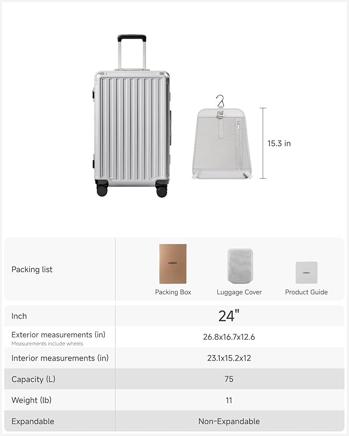 Checked Luggage with Spinner Wheels, 8010S Aluminum Frame Zipperless Polycarbonate Hard Shell Suitcase (ZX-Core, Silver, 24 Inch)