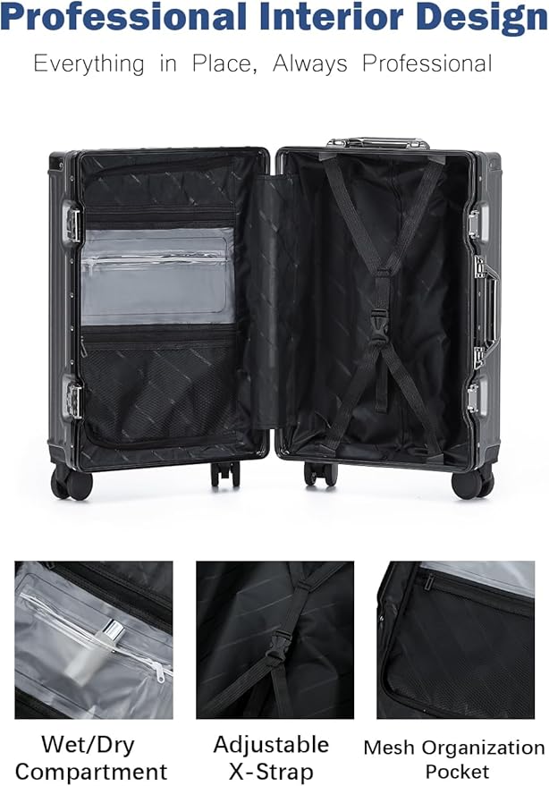 HotWay 26 Inch Aluminum Frame Luggage with Spinner Wheels, PC Hard Shell Suitcase with Cup Holder, Zipperless Luggage for Business Travel, Gray