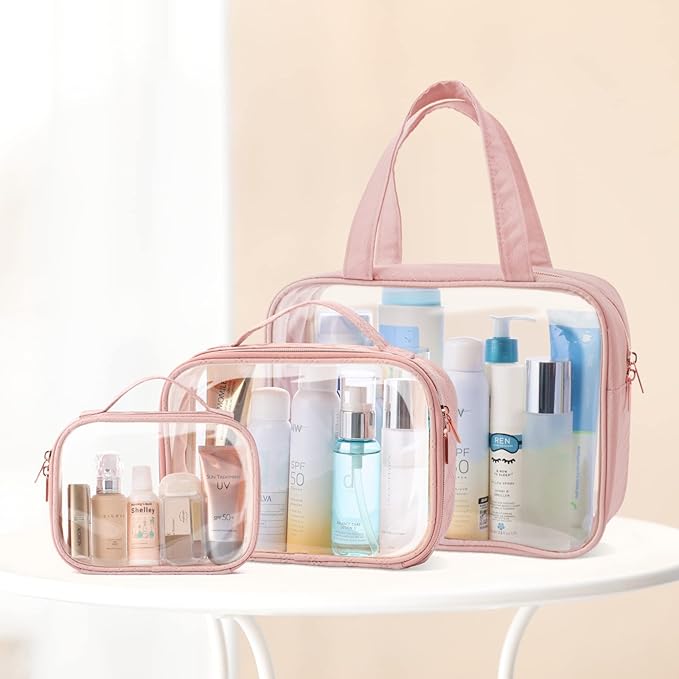 PACKISM Clear Makeup Bag Combo Pack, 1 TSA Approved Medium & Large/XL for Checked Luggage, Clear Toiletry Bag with Handle, Water-resistant Travel Essentials Organizer, Rose Pink