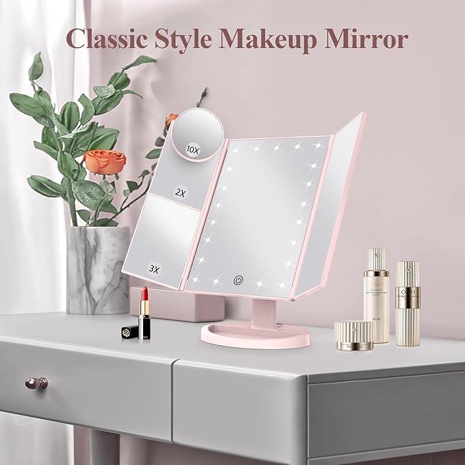 HUONUL Makeup Mirror, Vanity Mirror with Lights, 2X/3X/10X Magnification, Touch Control, Trifold Mirror, Dual Power Supply, Valentines Day Gifts for Her,Gifts for Women, Wife, Mom, Teengirls