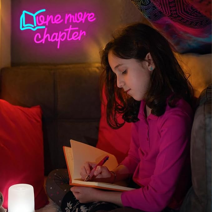 One More Chapter Neon Sign Read Book Neon Light for Wall Decor Dimmable Pink Letter Reading LED Neon Sign for Study,Library,Book Shop,Classroom Decoration