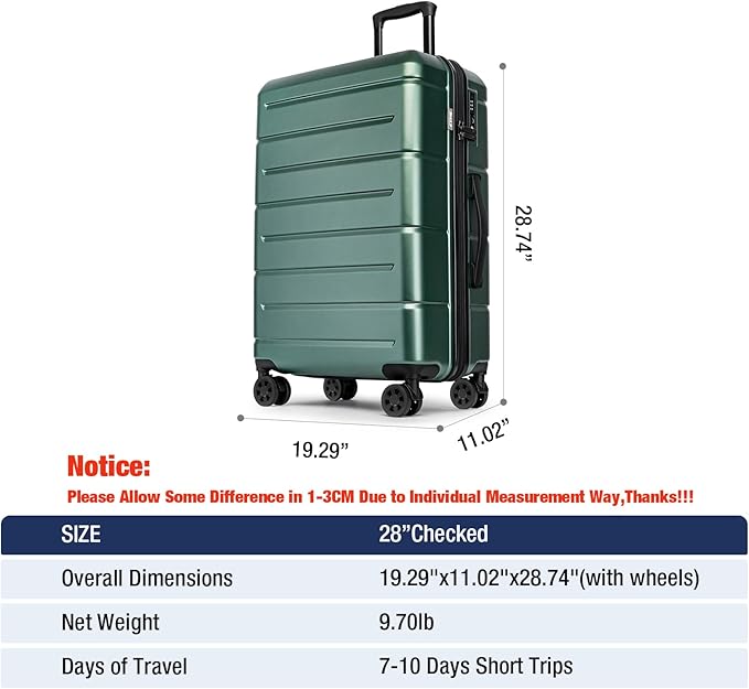 KYME 28 Inch Luggage with Wheels Hardshell Large Suitcase Lightweight Big Checked Luggage with TSA Lock Travel Rolling Suitcase for Women Men Green