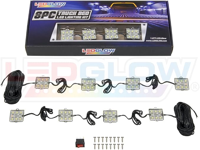 LEDGlow 8pc White Truck Bed LED Accent Lighting Kit | Waterproof Pod Lights Mount Under the Bed Rails & Shine Down on Cargo, Includes On/Off Toggle Power Switch