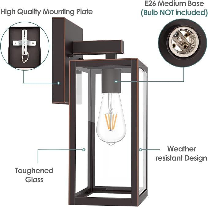 MAXvolador Outdoor Wall Light Fixture, Exterior Waterproof Wall Lantern | Porch Wall Sconce Large Oil Rubbed Bronze, Anti-Rust, E26 Socket, Clear Glass, Outside Wall Mount Light, Front Door Lighting