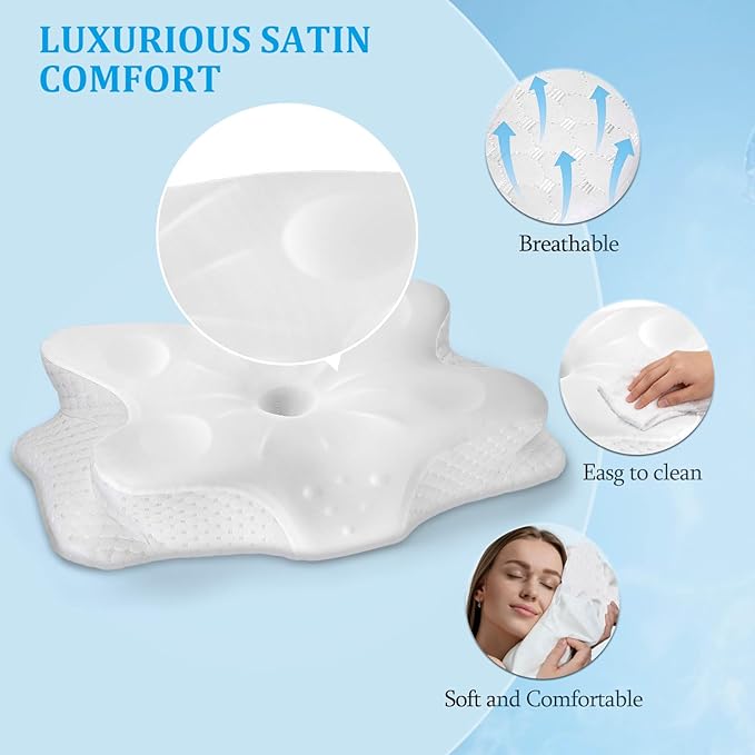 CCidea Cervical Neck Pillows for Sleeping & Pain Relief-Ergonomic Contour Memory Foam Pillow for Side/Back/Stomach Sleepers, 2 Heights with ICY Cooling White Silk Pillowcase - Gifts for Men & Women
