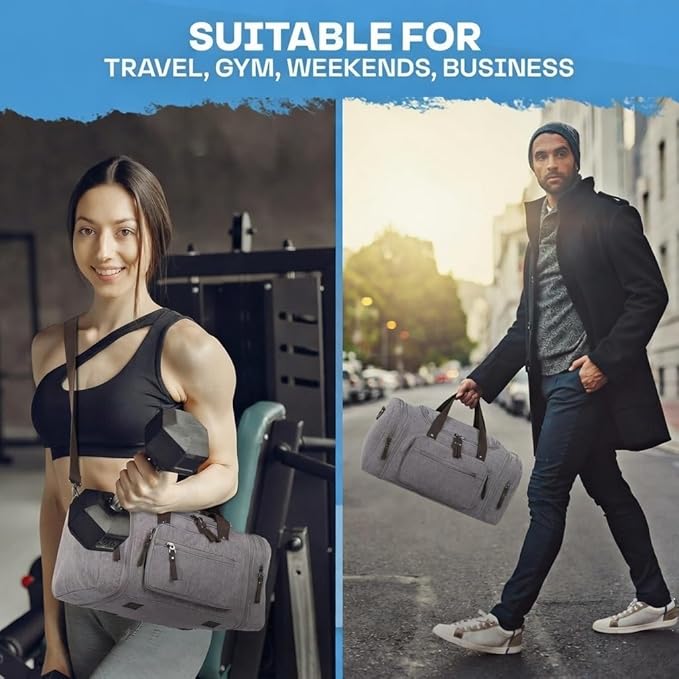 Duffle Bag for Travel 20–23” Expandable (40L) – Lightweight Water-Resistant Carry On Weekender with Multiple Pockets & Shoulder Strap – Airline Approved Travel Duffel Bags for Men & Women - GRAY