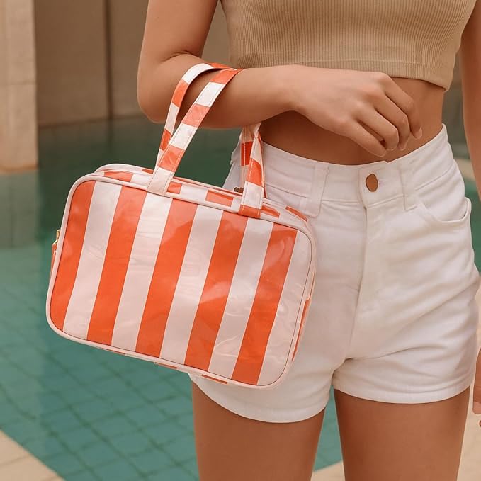Travel Toiletry Bag for Women, Waterproof Clear Coated Portable Stripe Makeup Cosmetic Bag with Compartment, Travel Organizer for Shampoo, Conditioner, Brushes Set,Cosmetic Accessories(Pink-Orange)